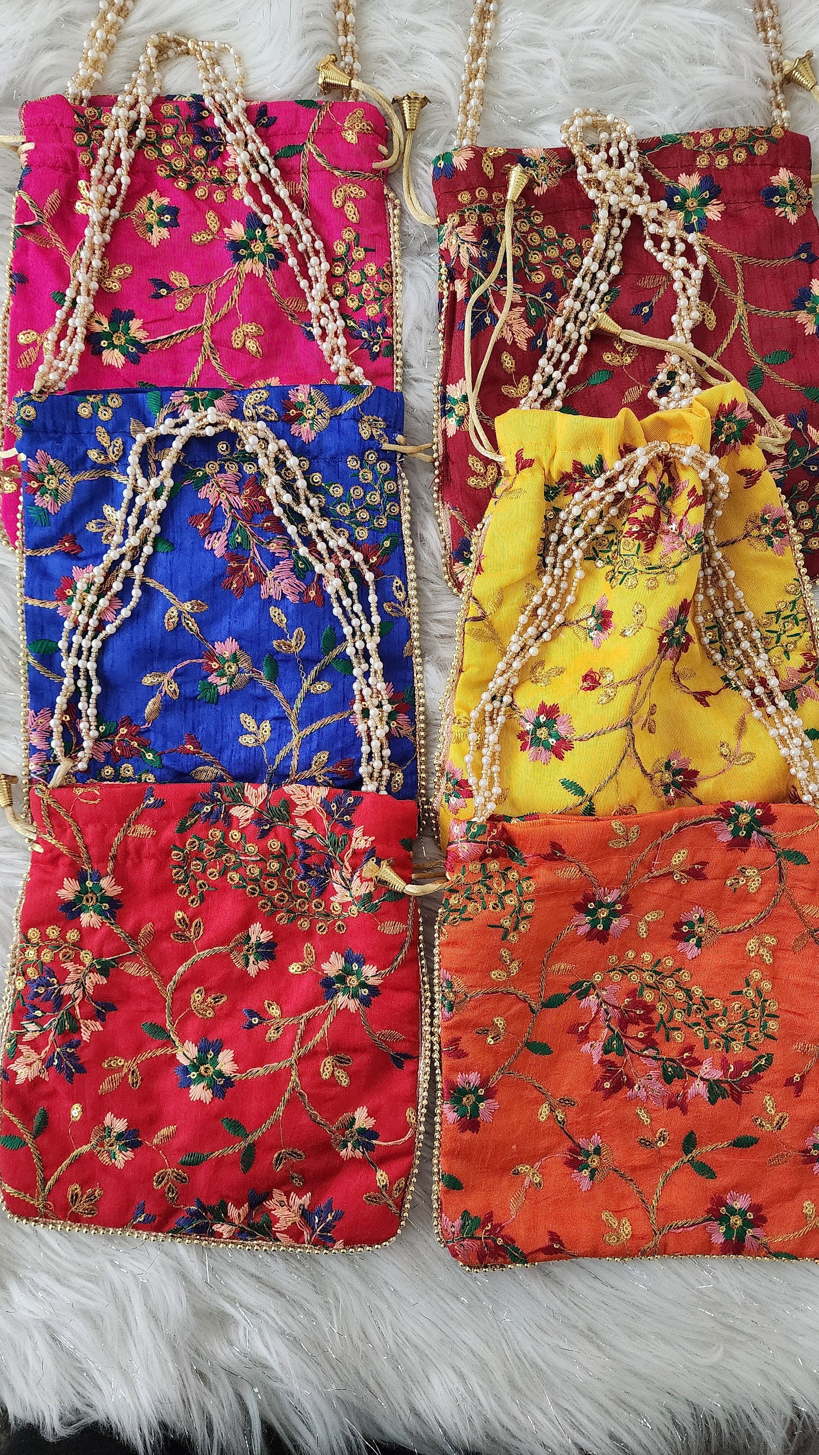 Embroidered Handmade Flower Potli Bag: Indian Wedding Favor, Henna Party Gift