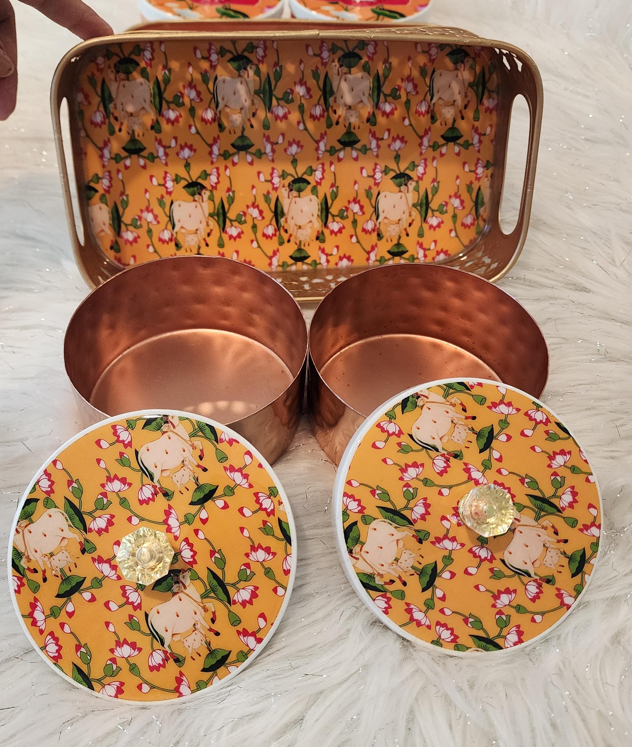 Handmade Pichwai Art Tray Set: Nandi Cow Design, Home Decor.