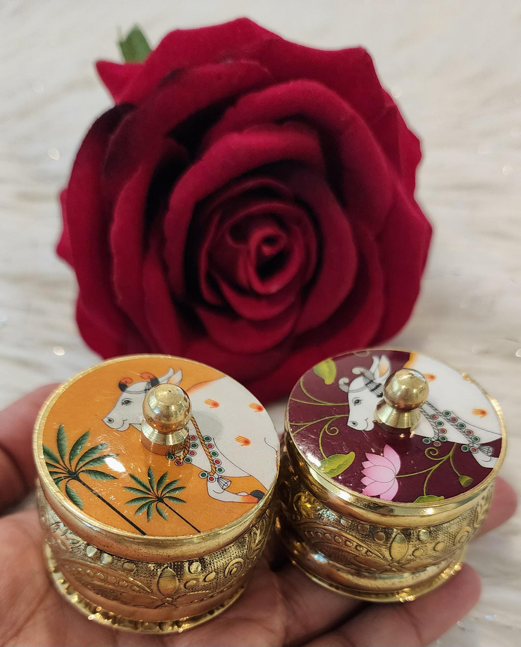 Brass Pichwai Haldi Kumkum Holder: Handcrafted Wedding Favor
