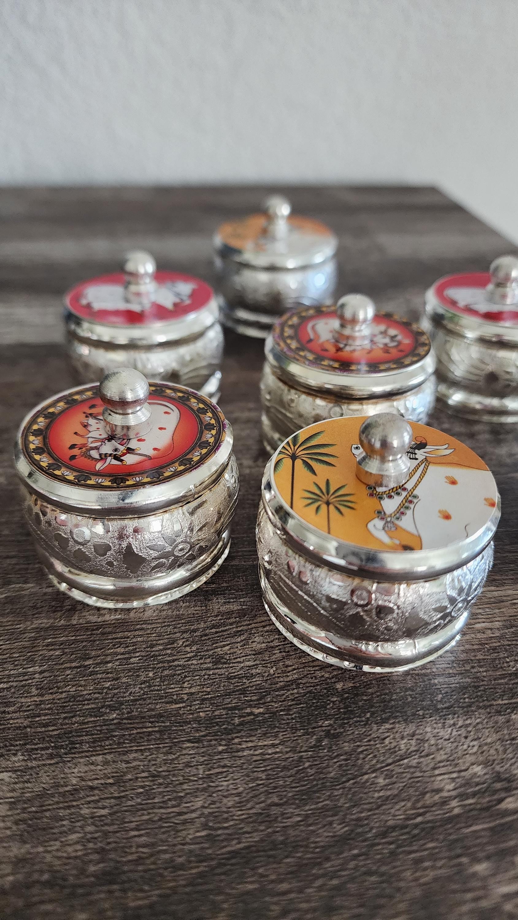 Handcrafted Enamel Haldi Kumkum Dibbi: German Silver Pichwai, Wedding Favor.