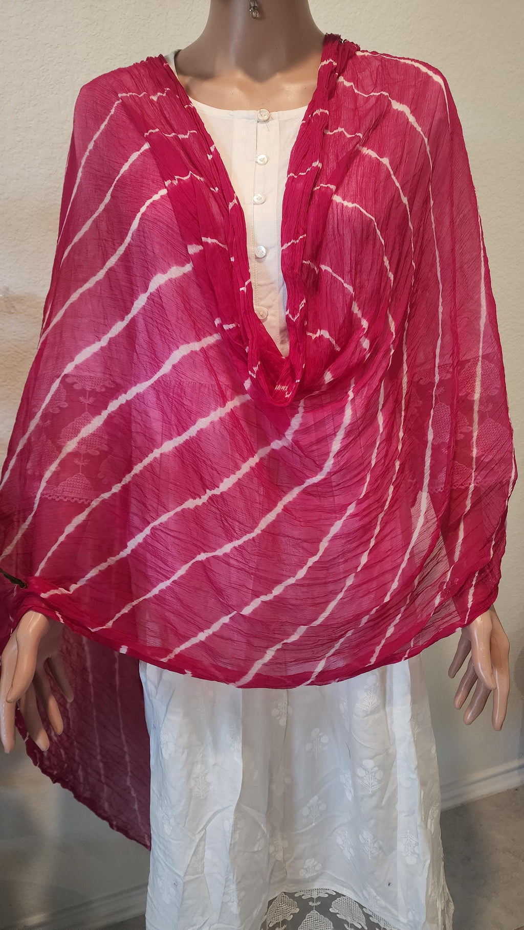 Bandhani Art Silk Dupatta: Rajasthani Tie Dye Scarf with Pom Poms