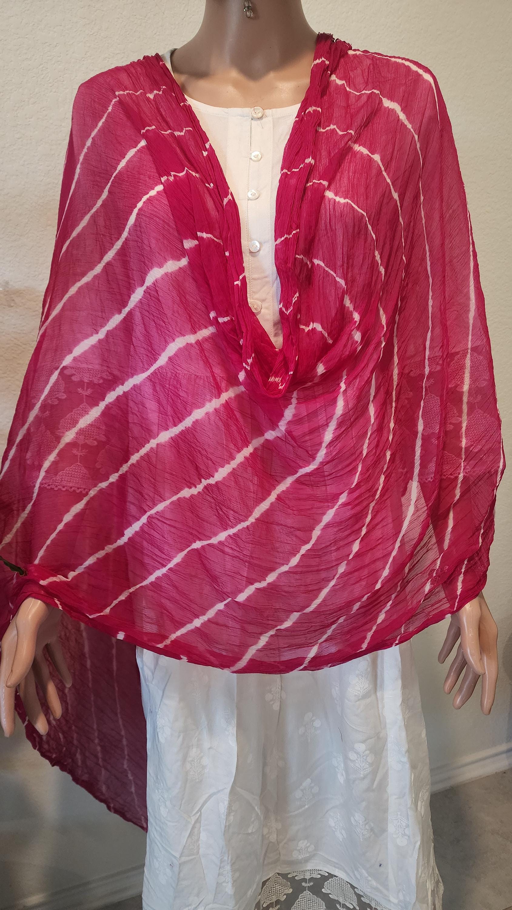 Bandhani Art Silk Dupatta: Rajasthani Tie Dye Scarf with Pom Poms