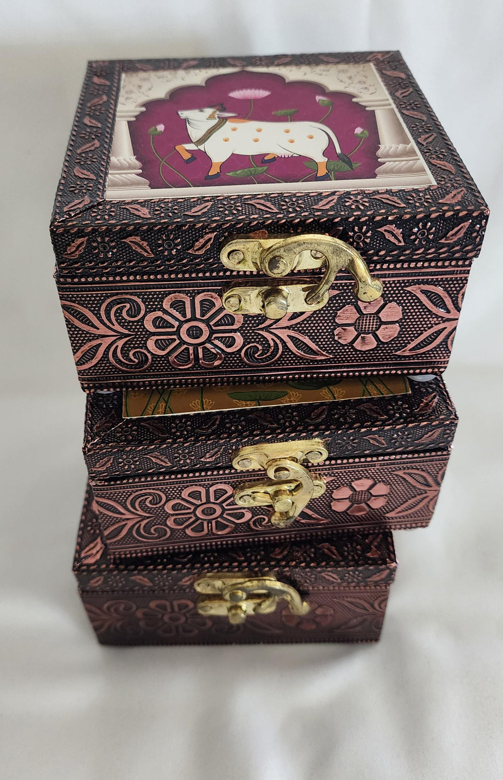 Printed Jewelry Box: Brocade Fabric, Leather - Ring, Earring, Necklace Storage Box