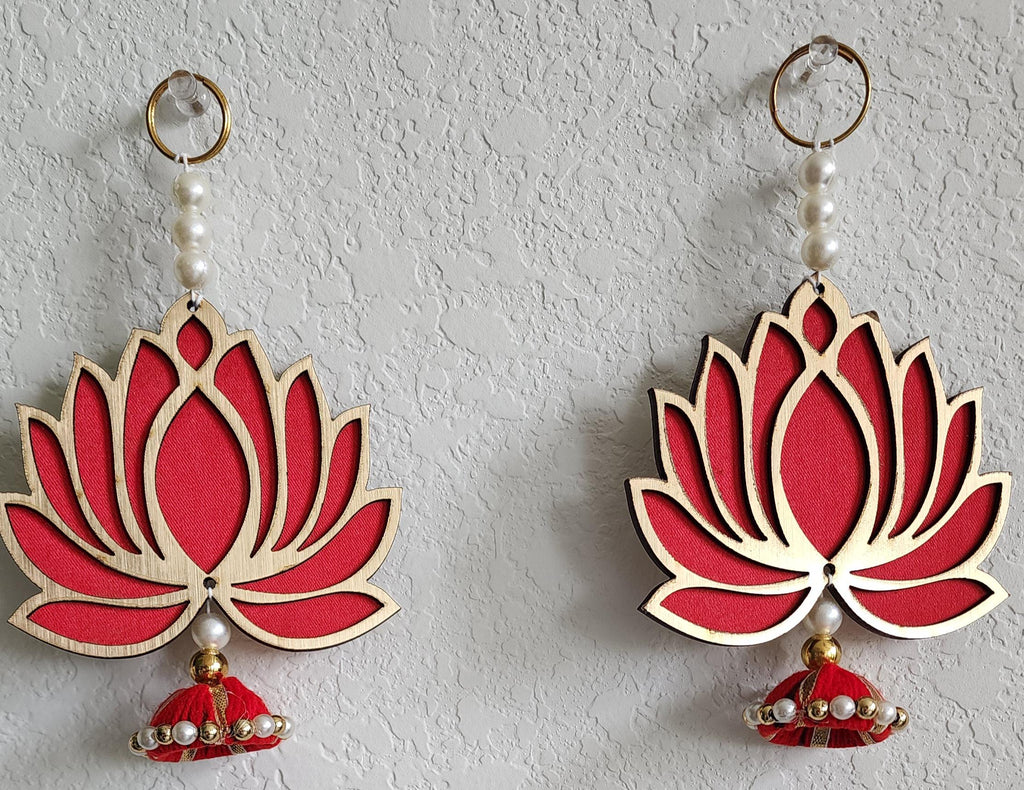 Red Wooden Lotus Hanging Pair: Indian Wedding Diwali Decor