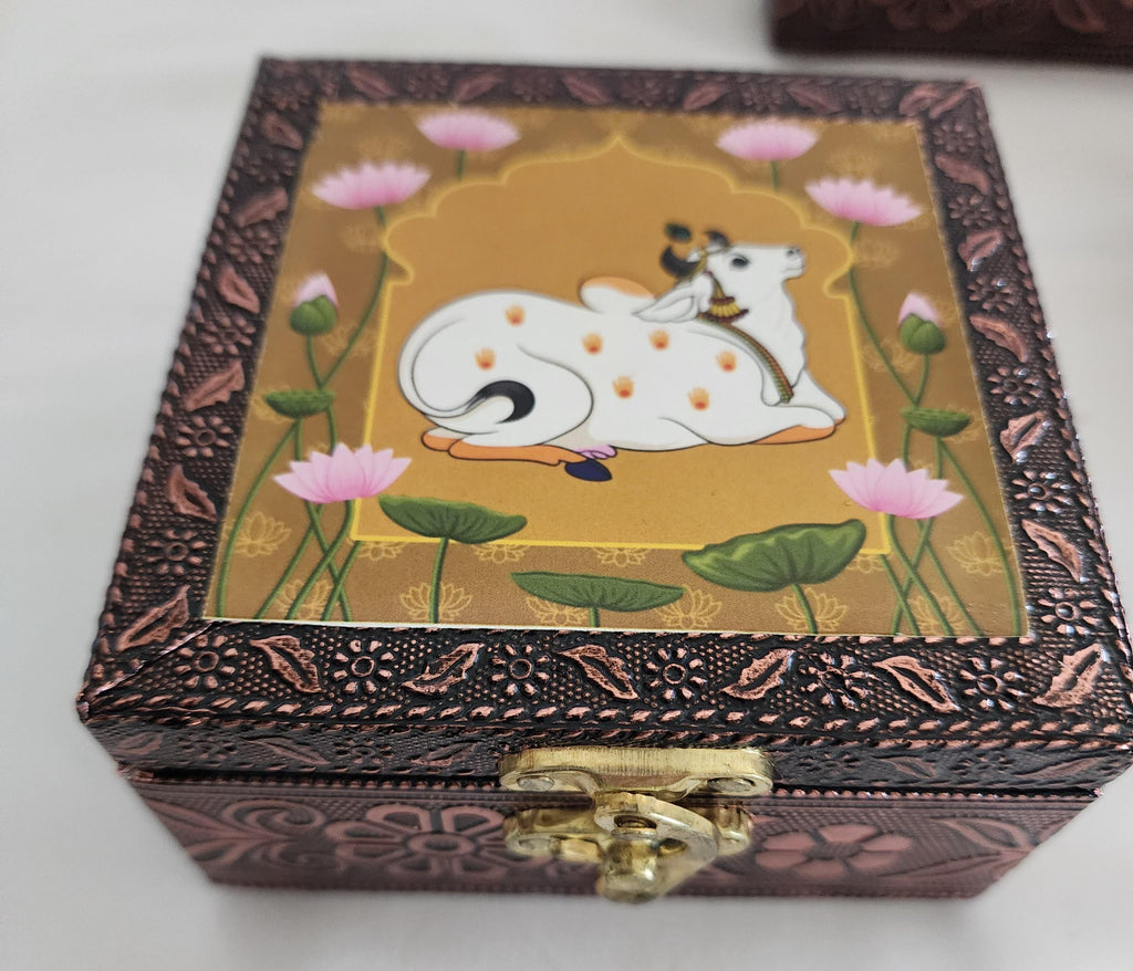 Printed Jewelry Box: Brocade Fabric, Leather - Ring, Earring, Necklace Storage Box
