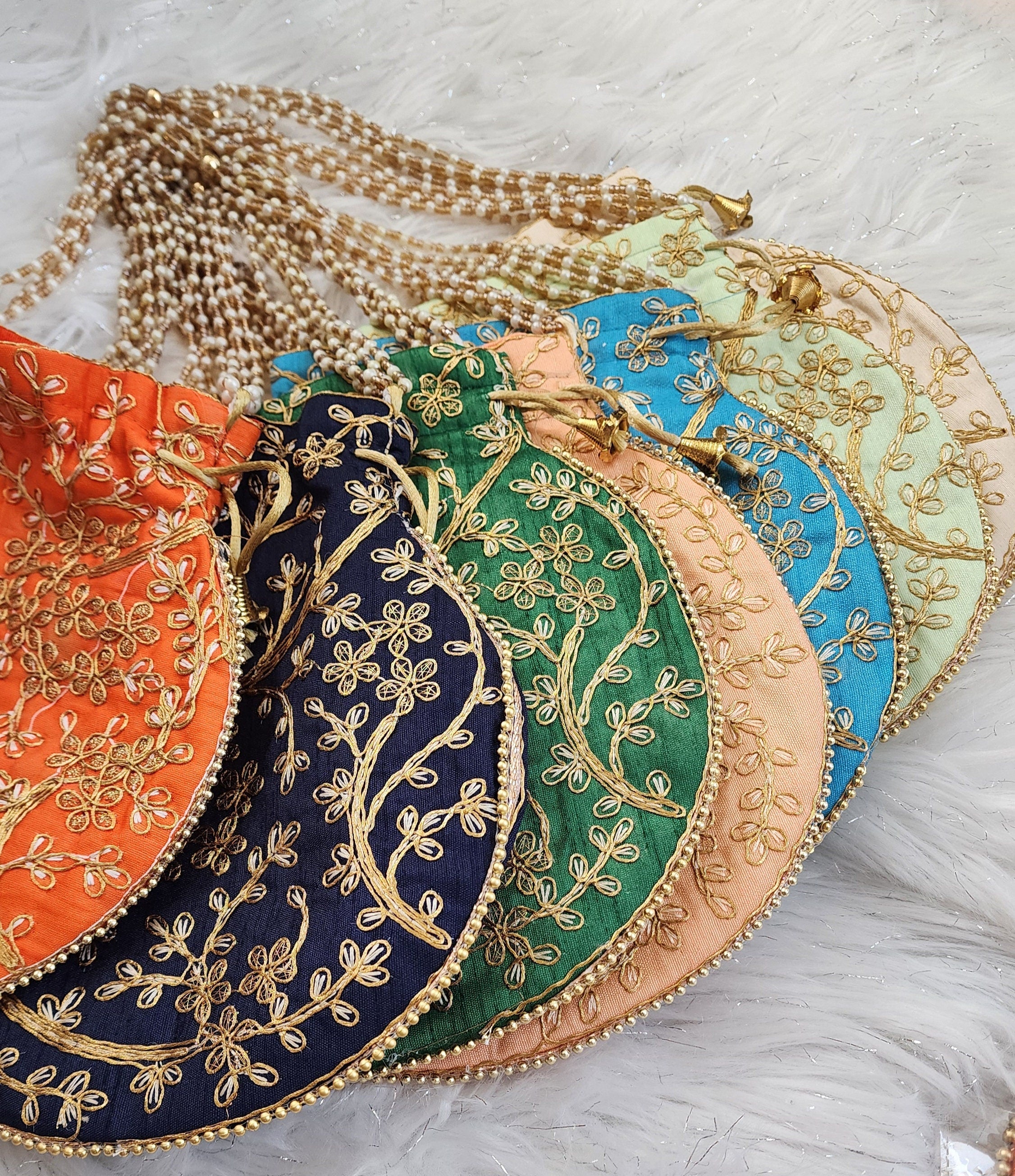 Diwali Potli Bag Set: Embroidered Pooja Gift, Housewarming Favors (5 Pcs)