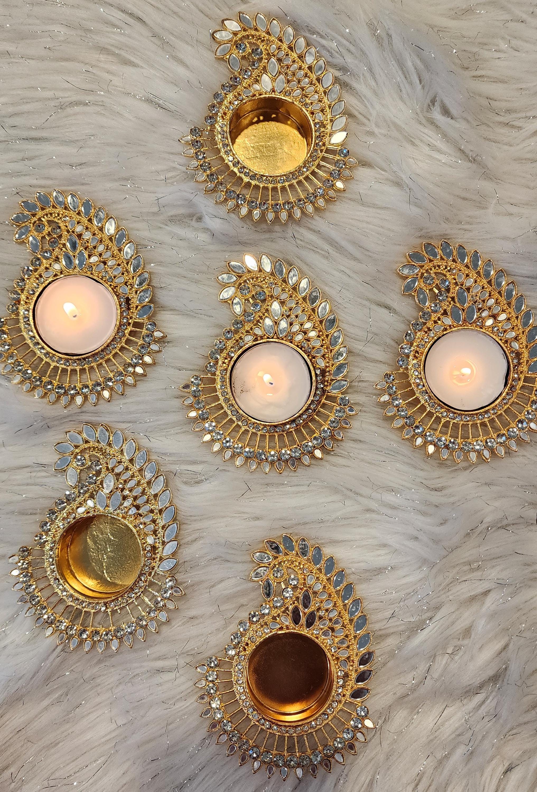 Decorative Handmade Tea Light Holder: Golden Diwali Pooja Candle Holder.