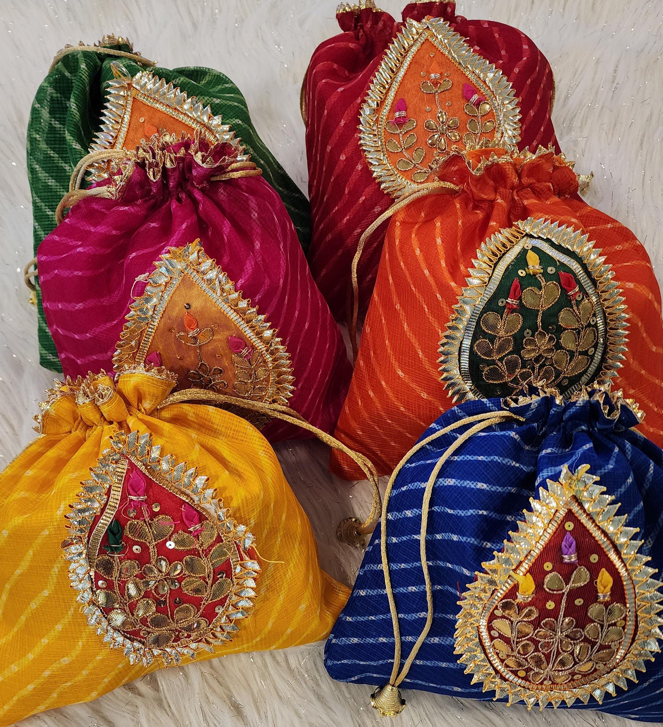 Embroidered Leheriya Potli Bag: Multicolor Gota Work, Wedding Favor