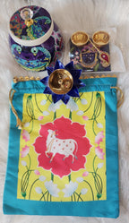 Pichwai Print Potli Bag Set: Pooja Decor, Wedding Favor - 4 Piece