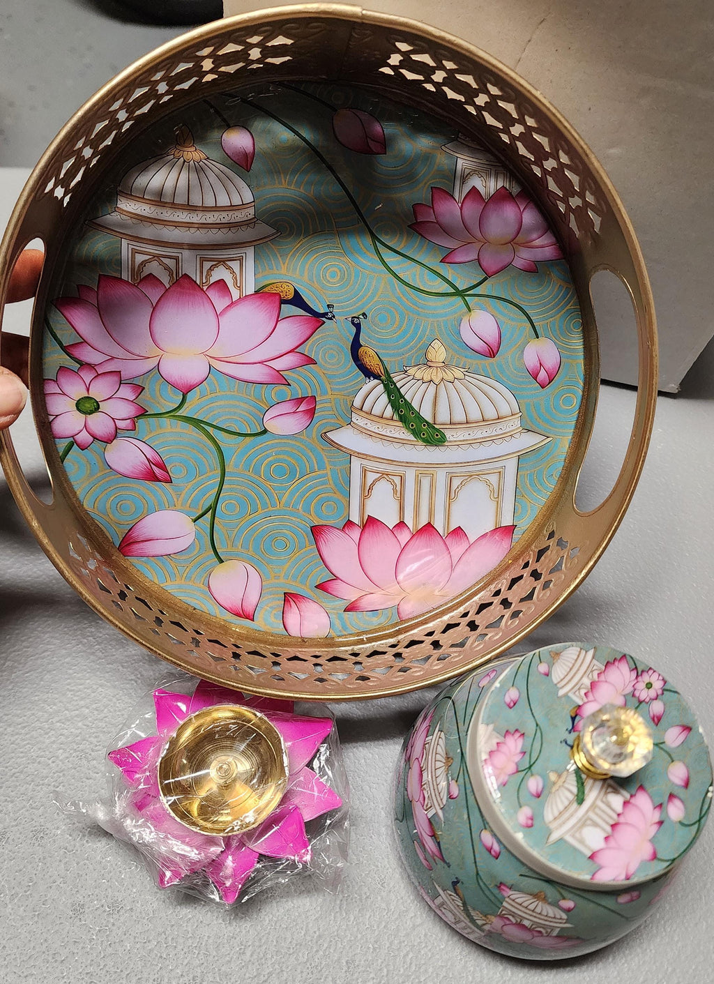 Pichwai Art Metal Tray Set: Nandi Cow Design, Jar & Diya