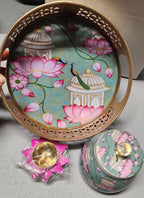Pichwai Art Metal Tray Set: Nandi Cow Design, Jar & Diya