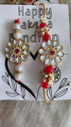 Handmade Kundan Couple Rakhi Set: Pearl Chain, Roli & Chawal