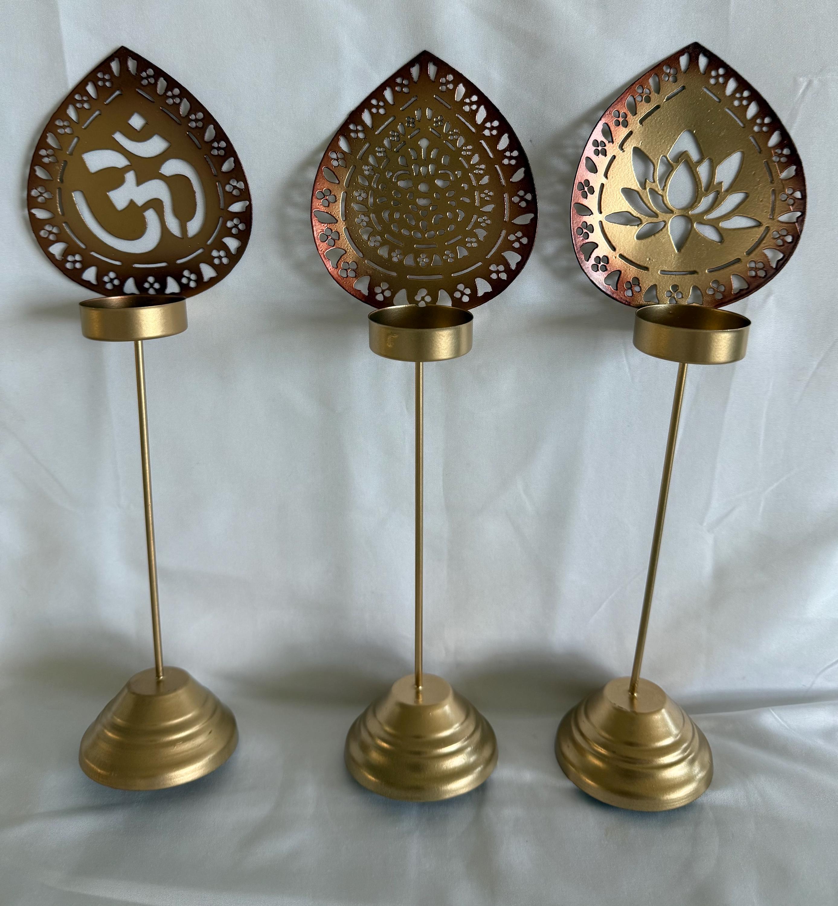 Handmade Metallic Urli Diya with Stand: Lotus/Om Diwali Decor - 12 inch