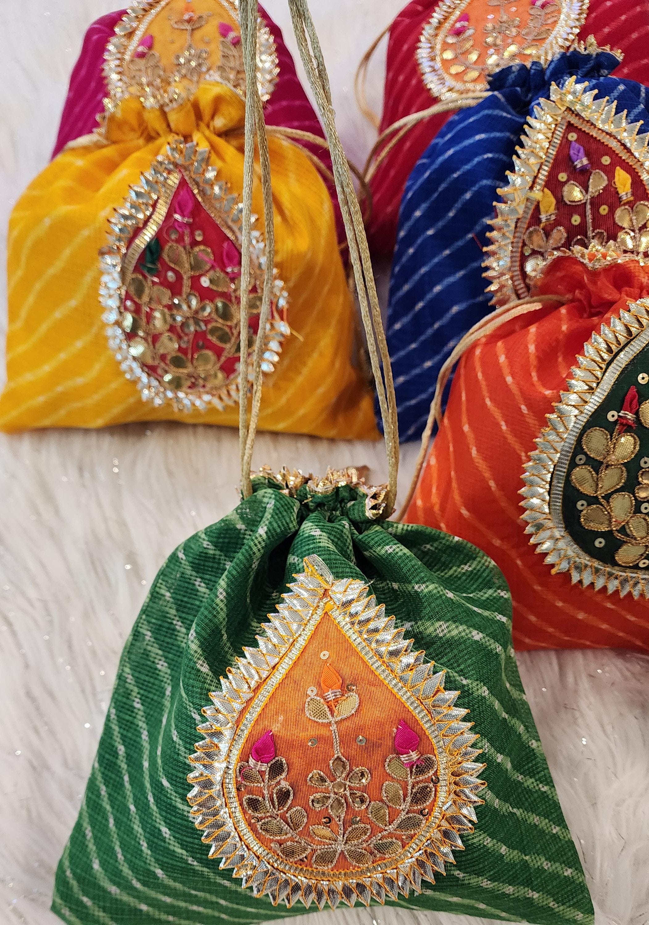 Embroidered Leheriya Potli Bag: Multicolor Gota Work, Wedding Favor
