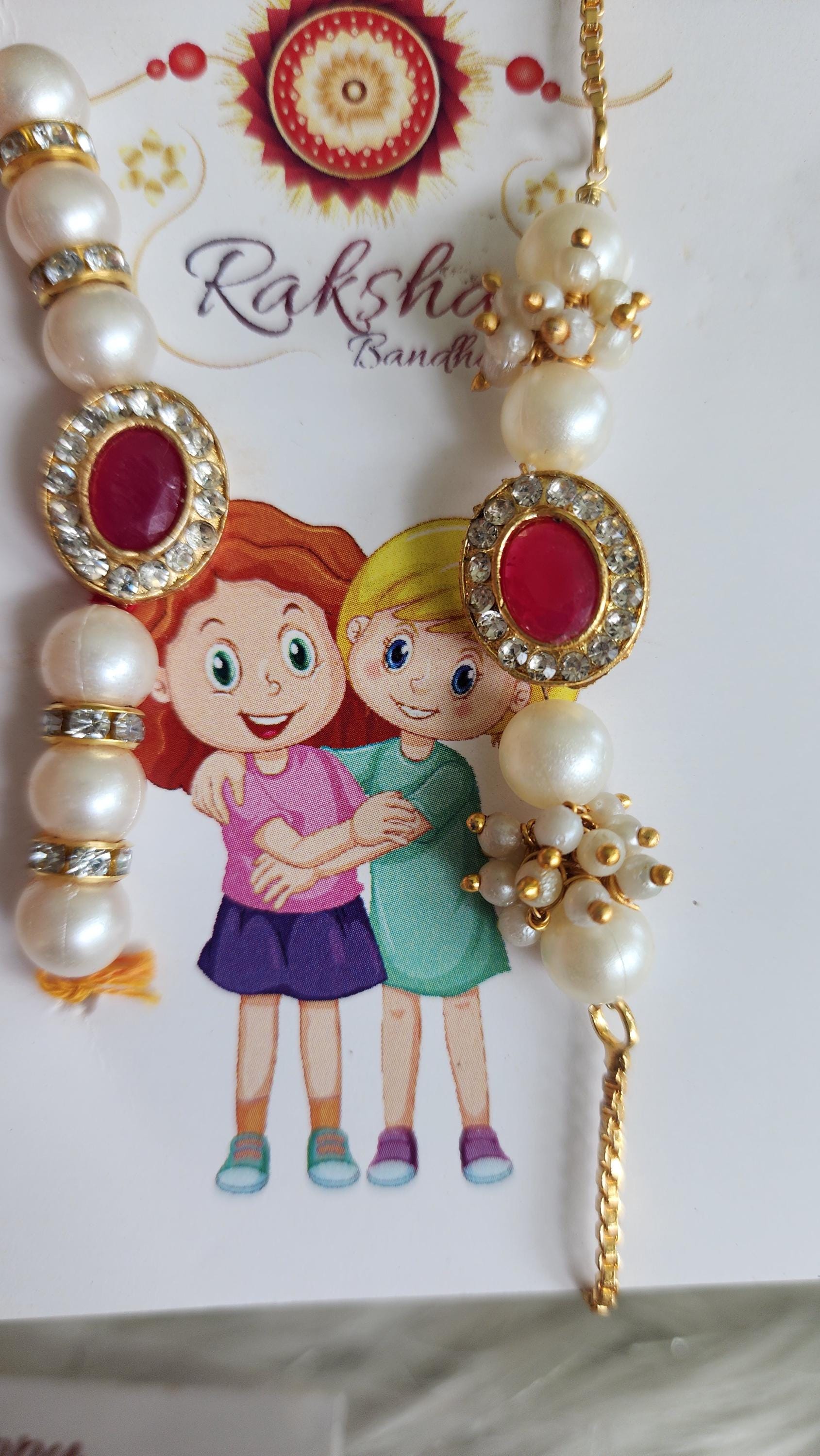 Handmade Kundan Rakhi Set: Pearl Chain Couple Rakhsha Bandhan