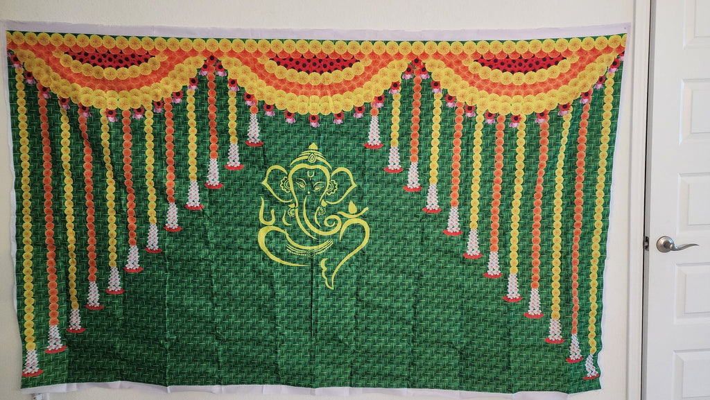 Lord Ganpati Pooja Backdrop Cloth: Traditional Housewarming Decor (8ft x 5ft).