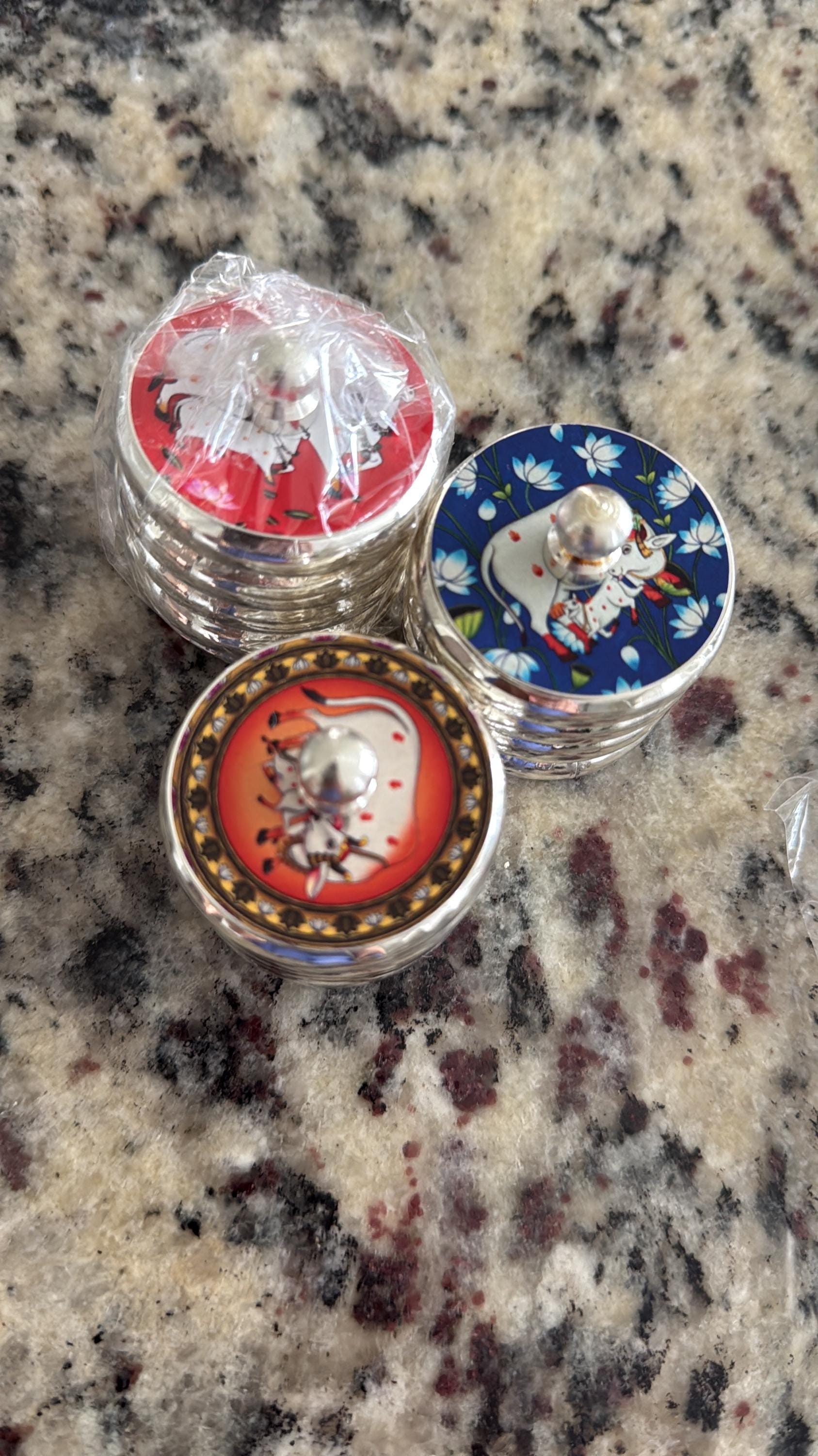 Handcrafted German Silver Haldi Kumkum Dibbi: Enamel Pichwai Design for gift.