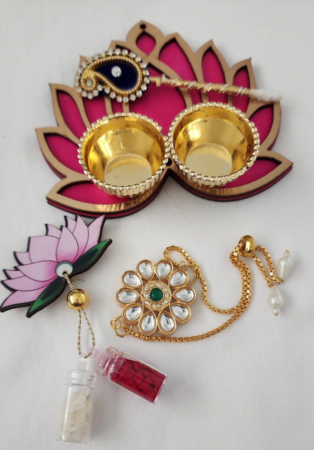 Handmade Kundan Rakhi Set: Pearl Haldi Kumkum Plate, Roli Chawal