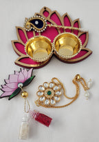 Handmade Kundan Rakhi Set: Pearl Haldi Kumkum Plate, Roli Chawal