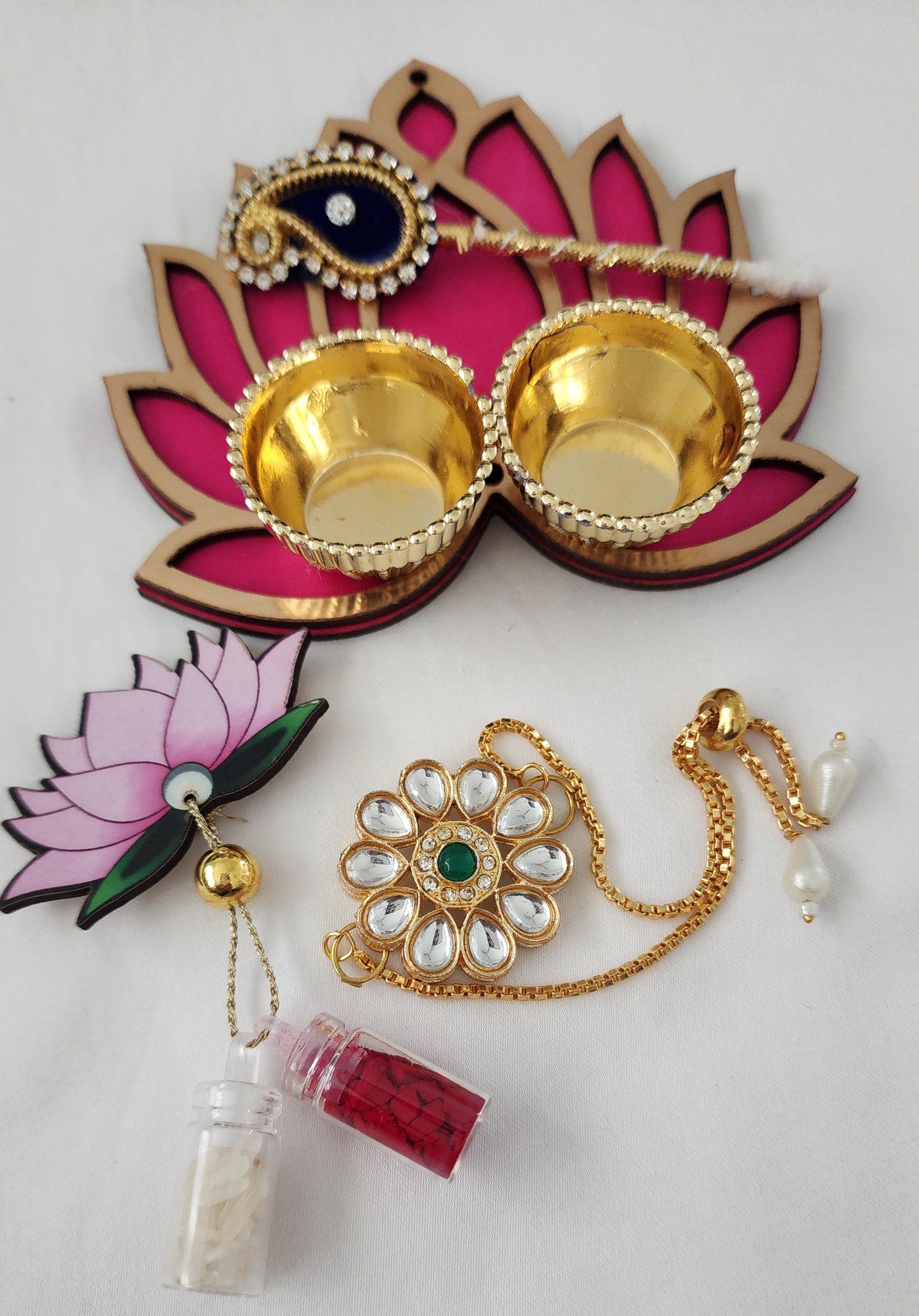 Handmade Kundan Rakhi Set: Pearl Haldi Kumkum Plate, Roli Chawal