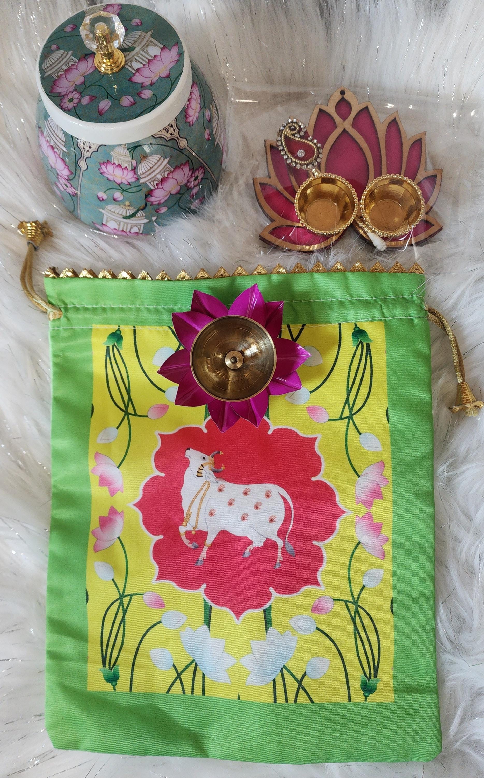 Pichwai Print Potli Bag Set: Pooja Decor, Wedding Favor - 4 Piece