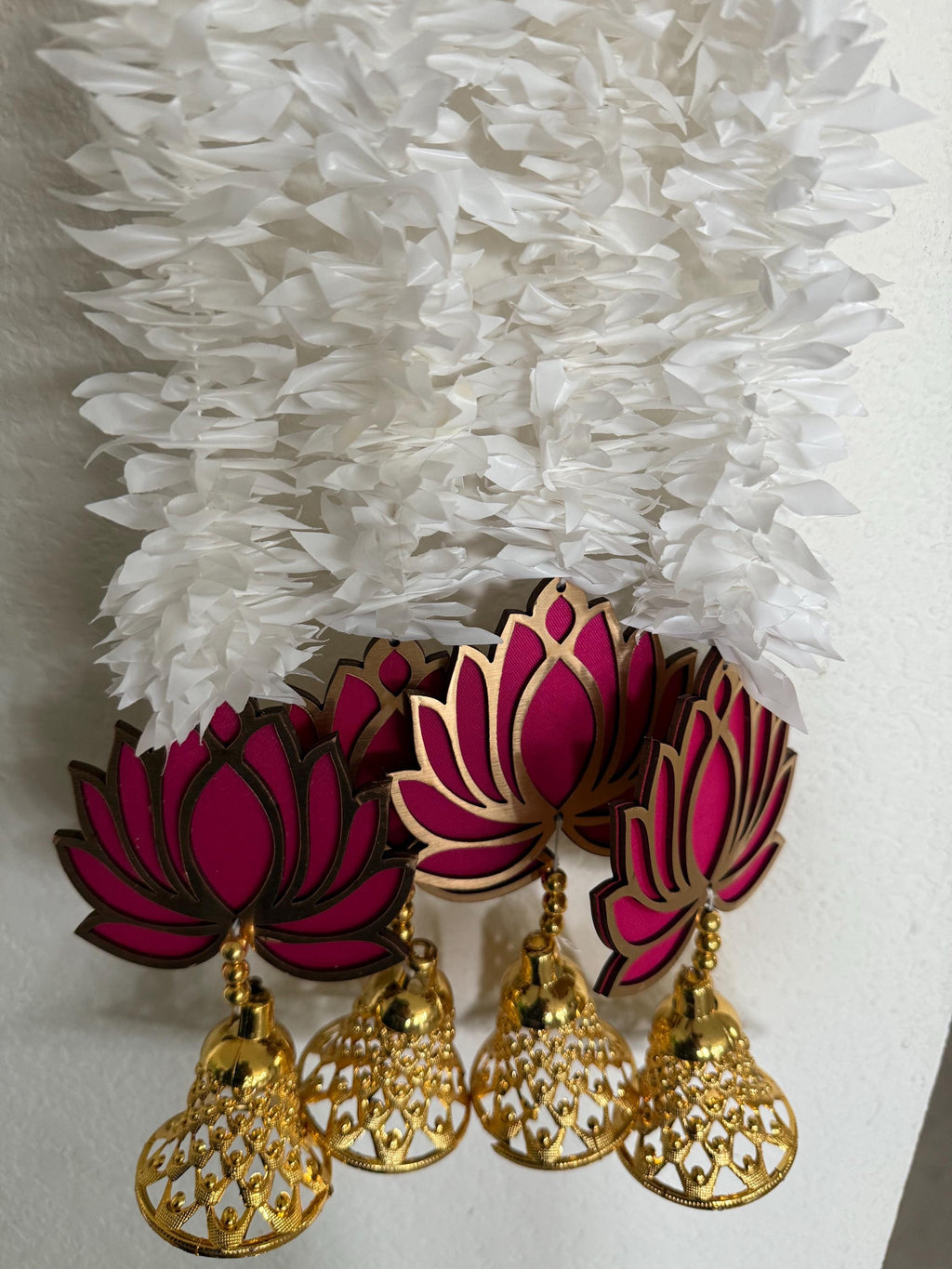 Pink Lotus Garland with Bells: Indian Wedding Diwali Decor.