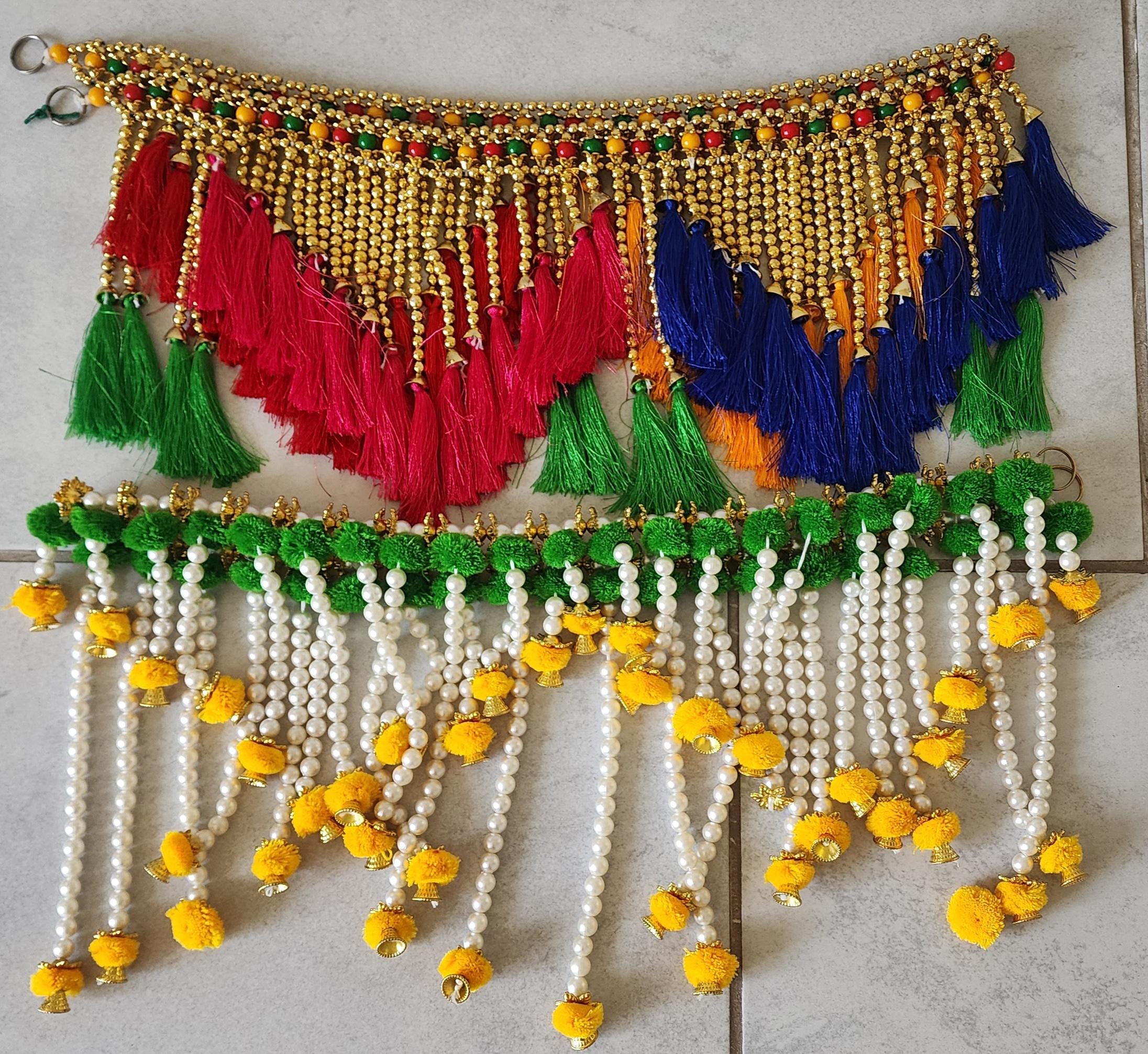 Handmade Indian Toran: Silk Pearl Door Hanging, Traditional Decor (41x12 inch)