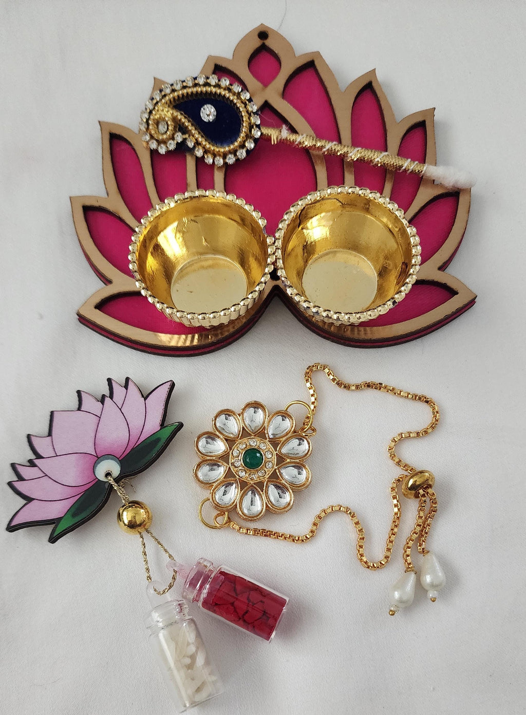 Handmade Kundan Rakhi Set: Pearl Haldi Kumkum Plate, Roli Chawal
