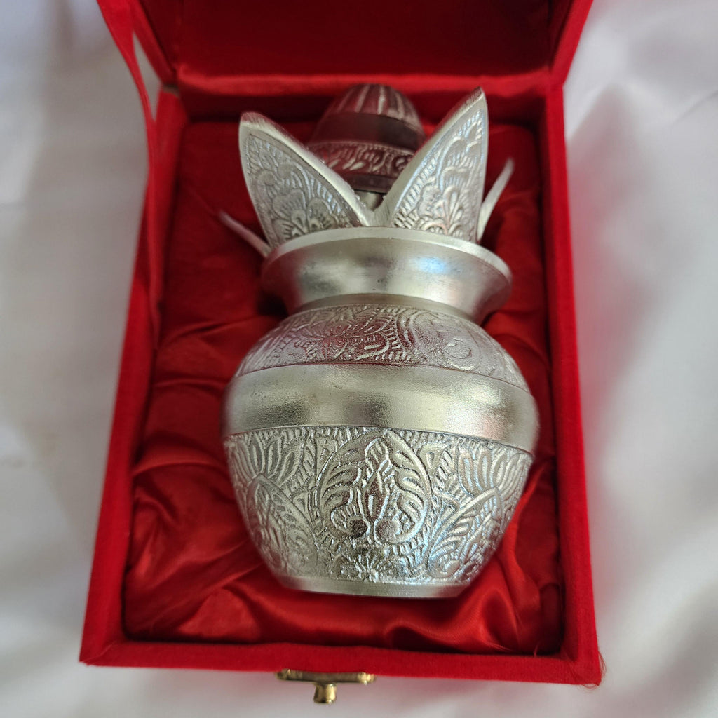 Handmade German Silver Mangal Kalash with Velvet Gift Box: Diwali Pooja Favor
