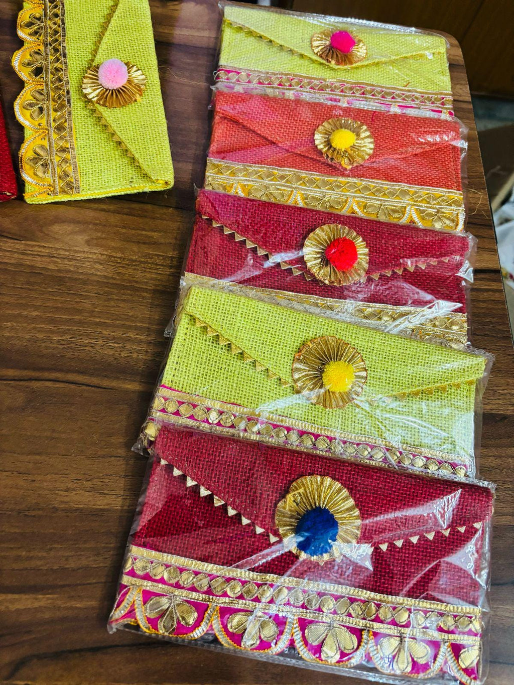 Jute Pom Pom Envelope Clutch: Wedding Sangeet Favor.