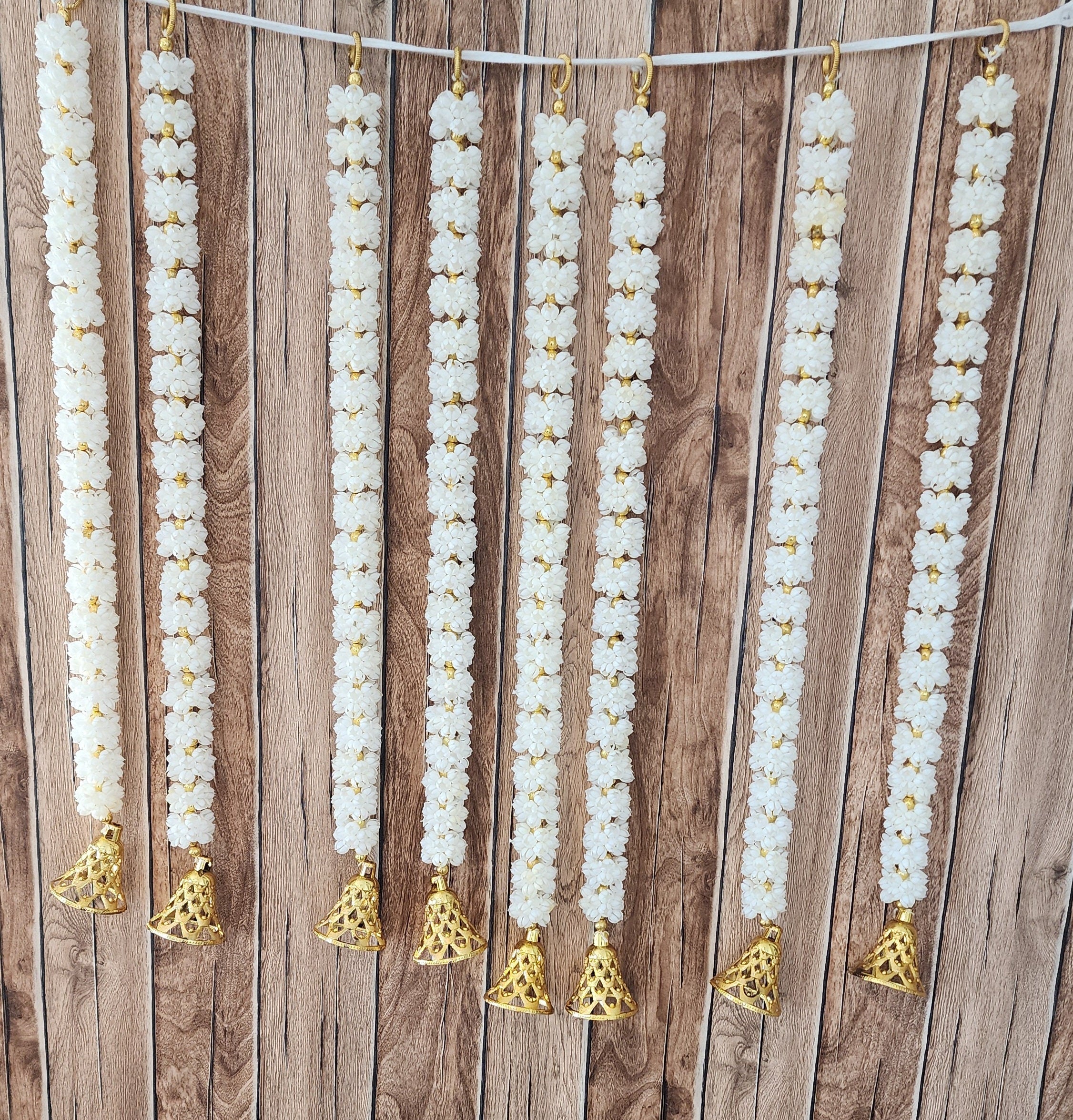 Mogra Bell Garland: White & Gold Artificial Flower String (Pack of 8)