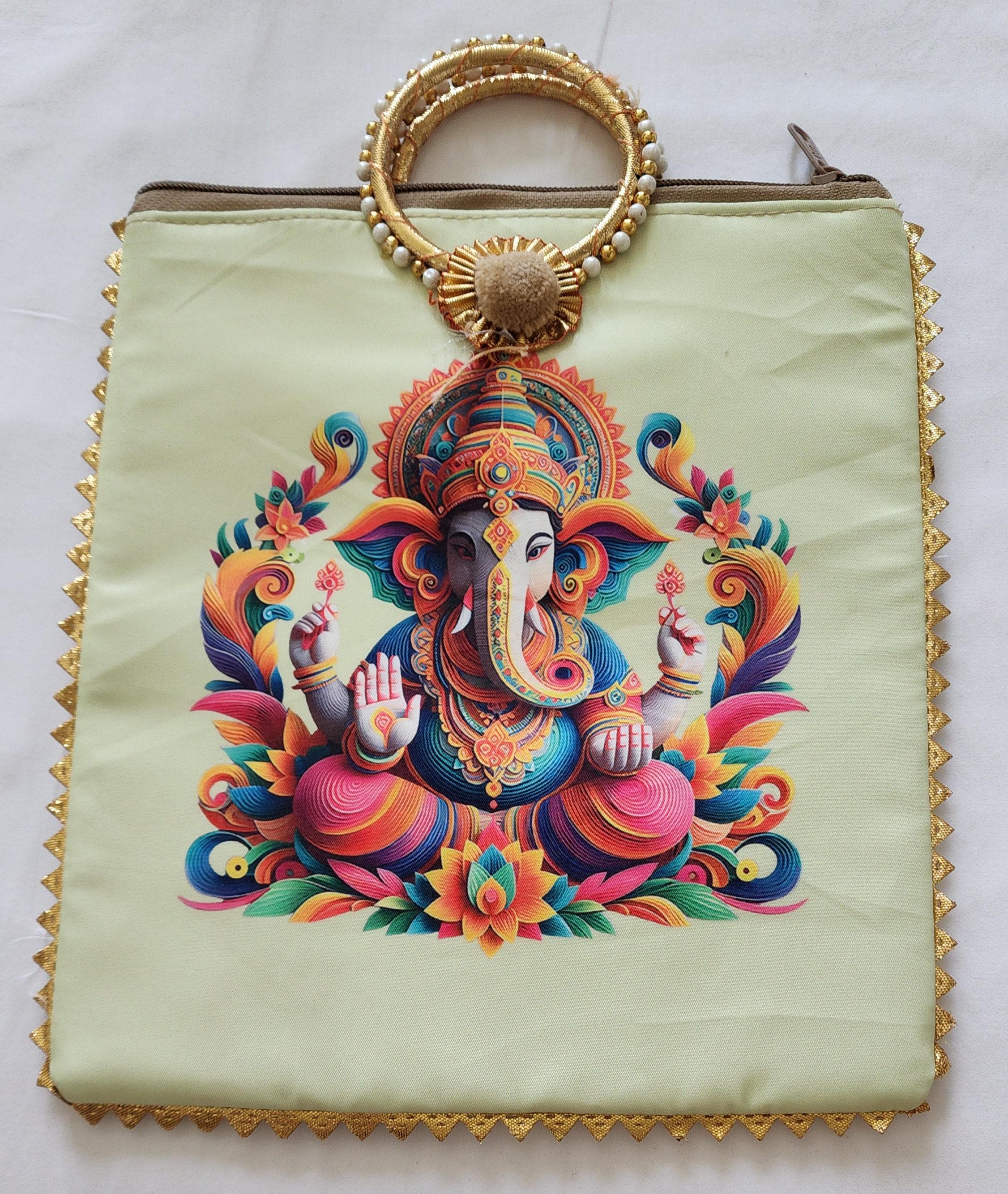 Ganesh Ji Print Silk Potli Bag: Multicolor Indian Wedding Favor