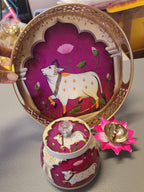 Pichwai Art Metal Tray Set: Nandi Cow Design, Jar & Diya