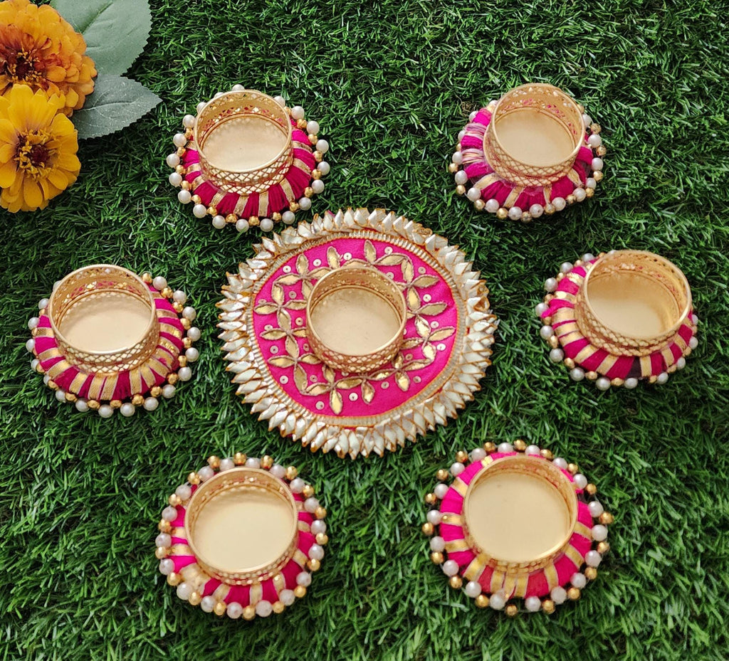 Handmade Gotta Work Rangoli Set: Diwali Tealight Candle Holders