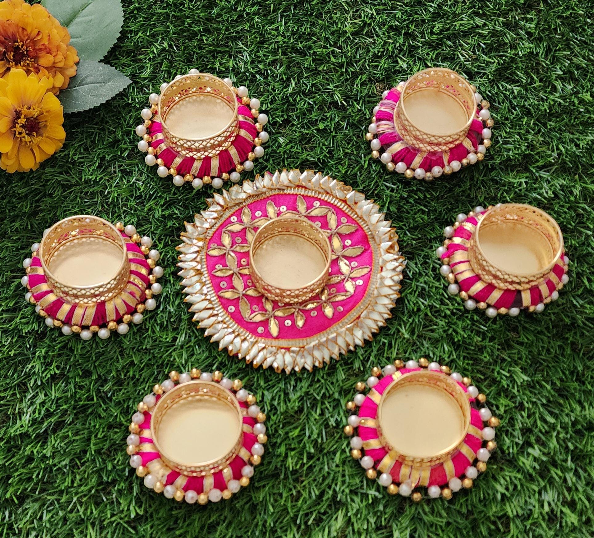 Handmade Gotta Work Rangoli Set: Diwali Tealight Candle Holders