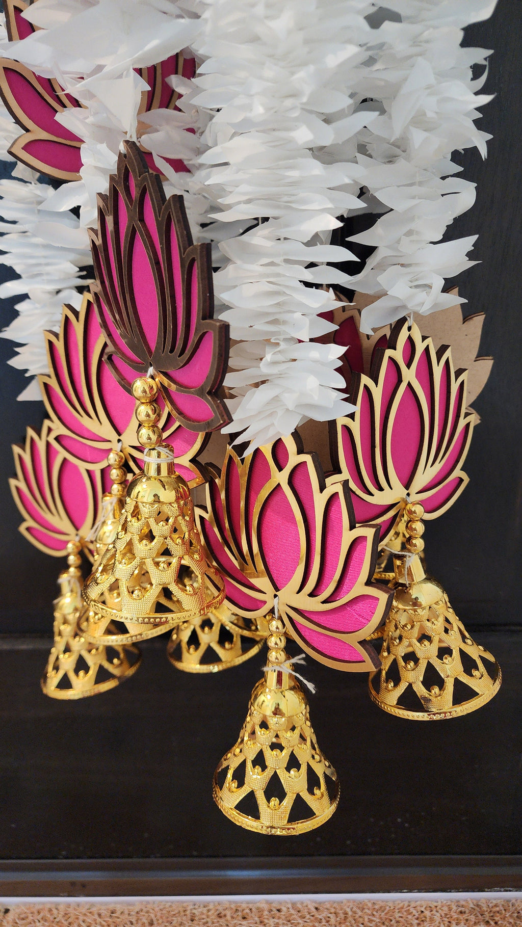 Pink Lotus Garland with Bells: Indian Wedding Diwali Decor.