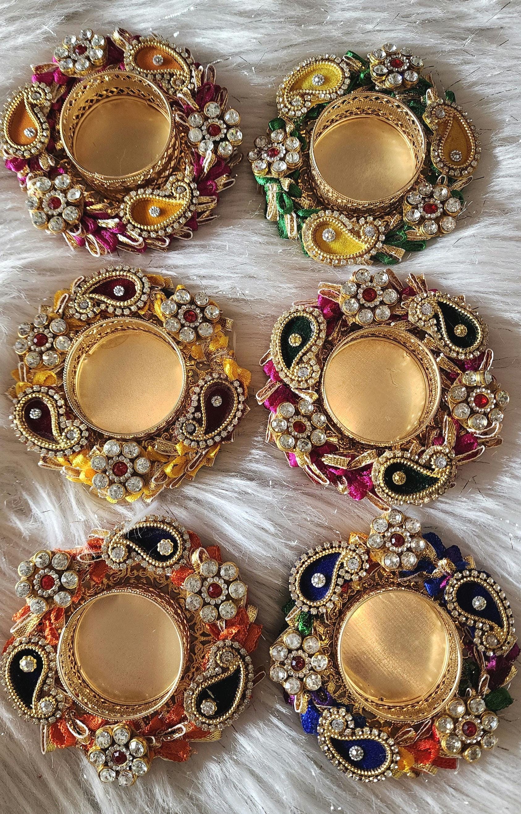 Kundan Handmade Tea Light Holders: Diwali Wedding Favor, Pooja Decor.
