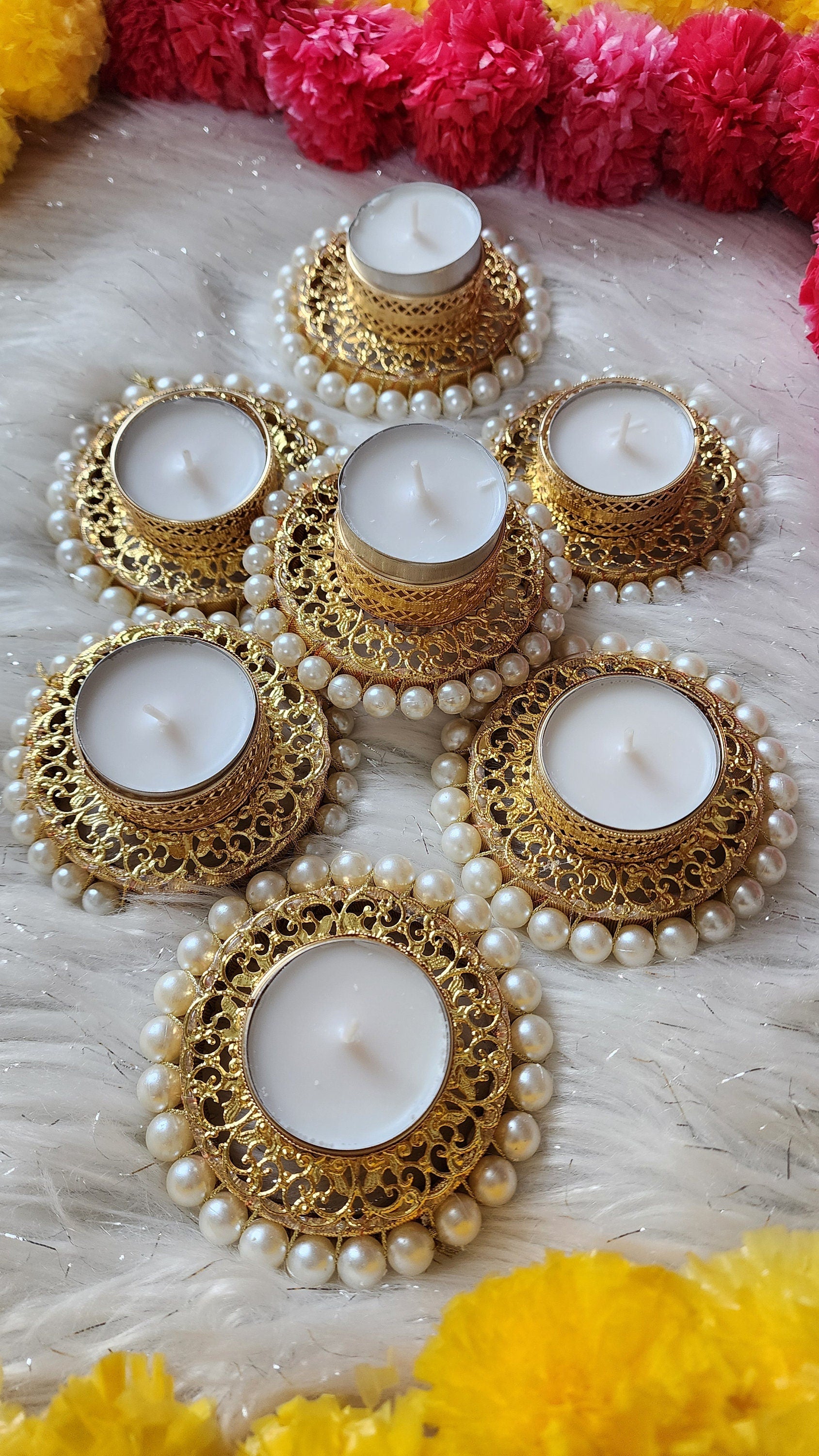 Golden Tea Light Holder: Pearl Base, Diwali Decoration.