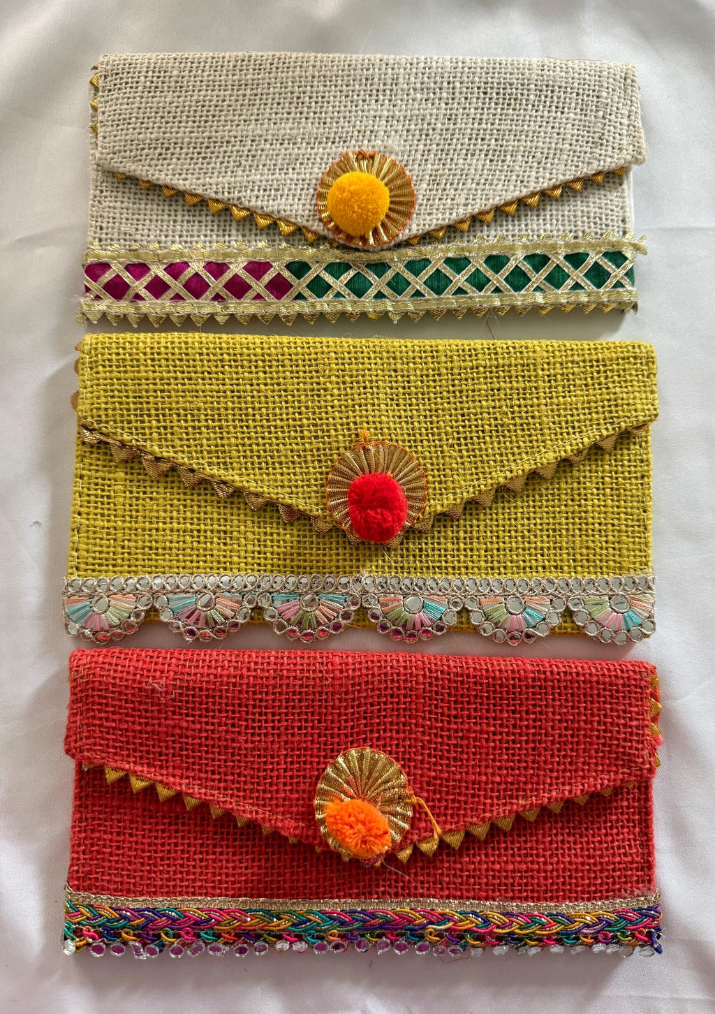 Jute Pom Pom Envelope Clutch: Wedding Sangeet Favor.