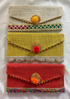 Jute Pom Pom Envelope Clutch: Wedding Sangeet Favor.