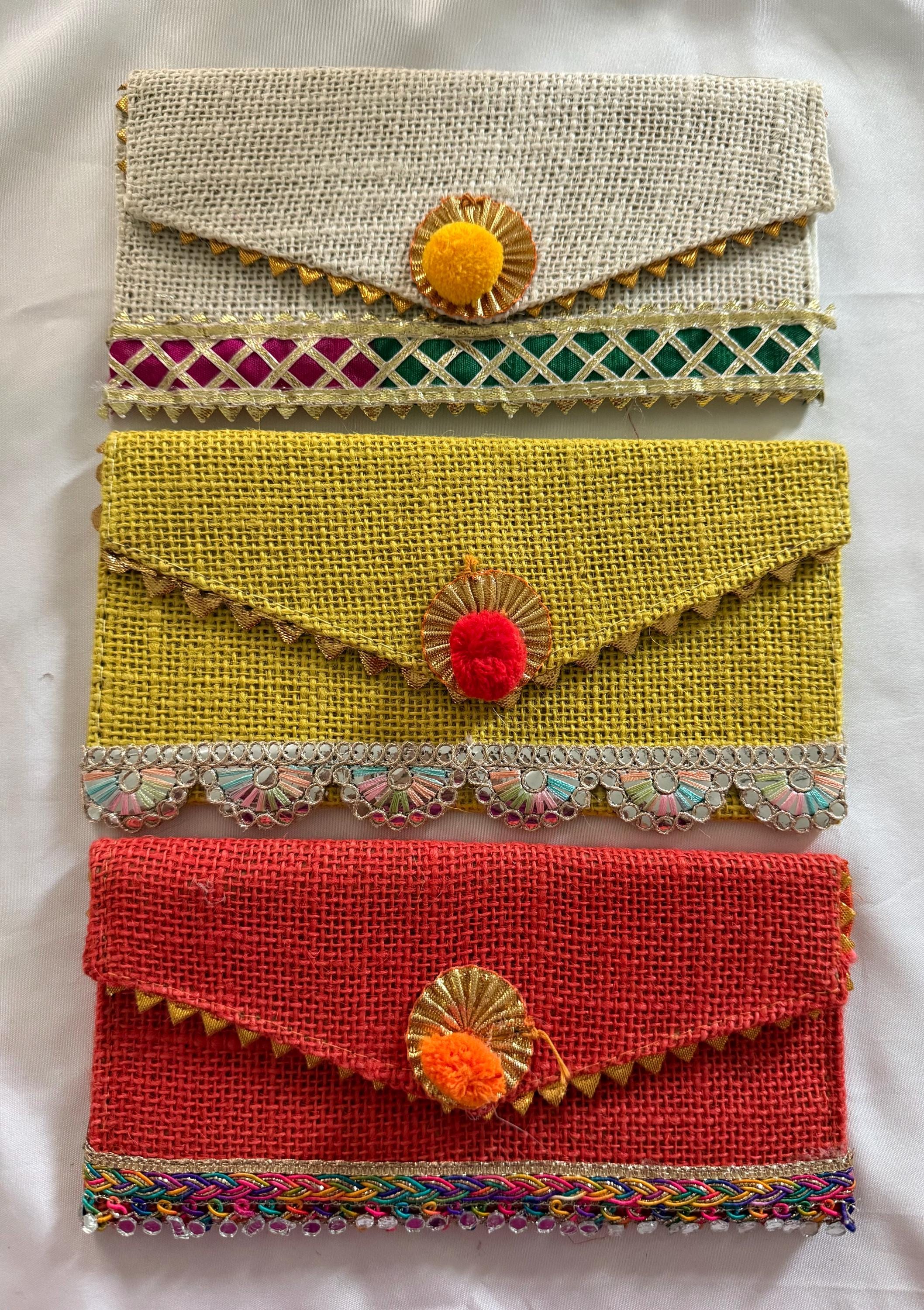 Jute Pom Pom Envelope Clutch: Wedding Sangeet Favor.
