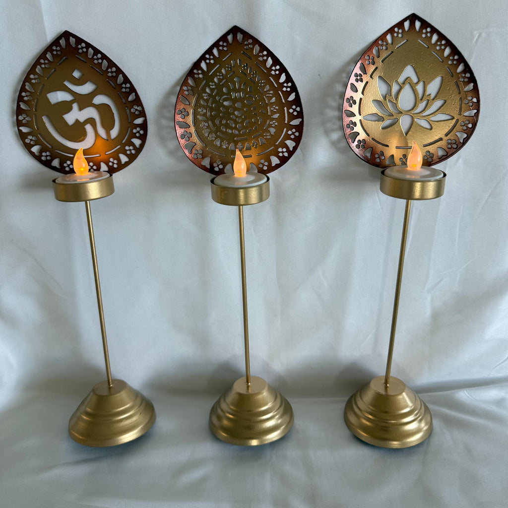 Handmade Metallic Urli Diya with Stand: Lotus/Om Diwali Decor - 12 inch