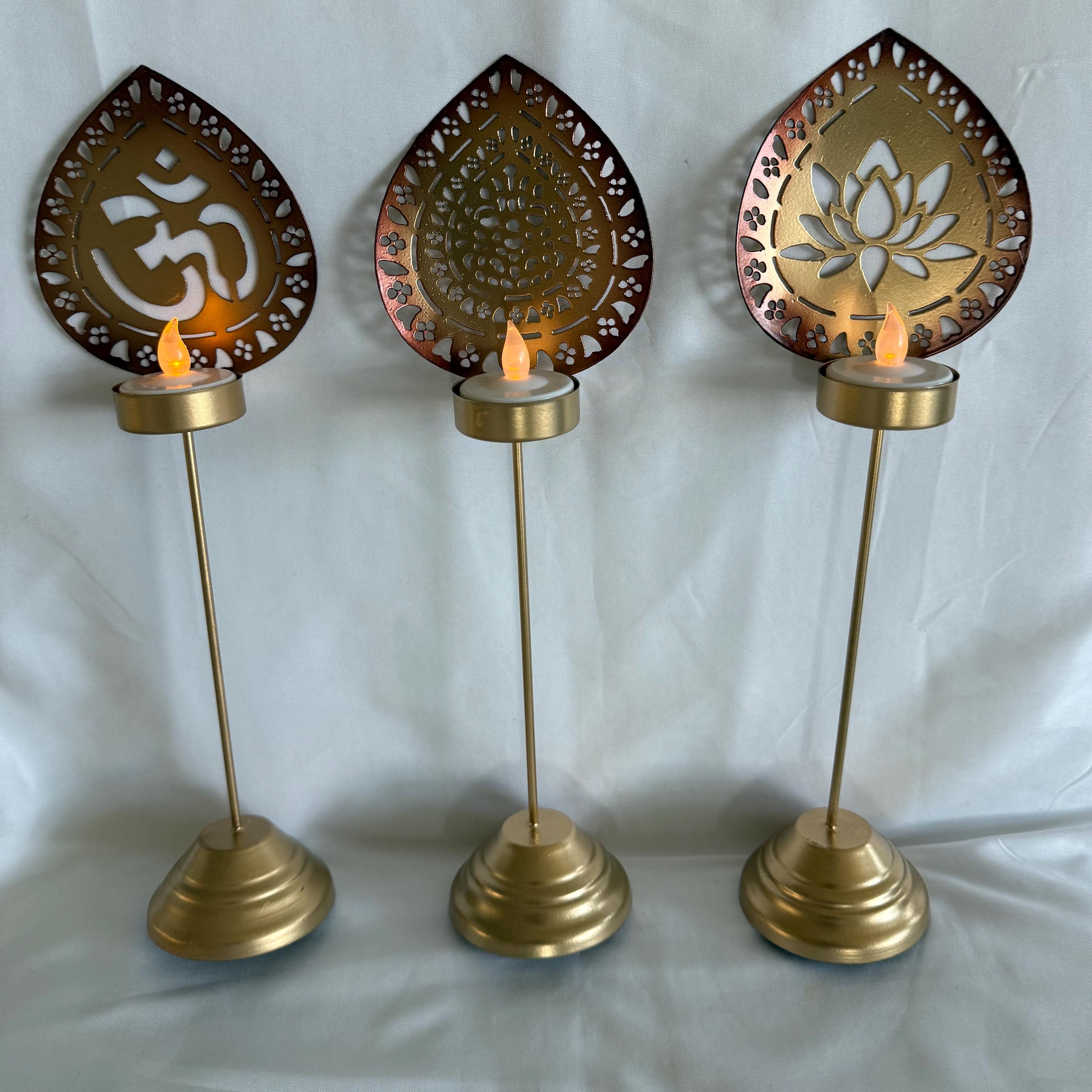 Handmade Metallic Urli Diya with Stand: Lotus/Om Diwali Decor - 12 inch
