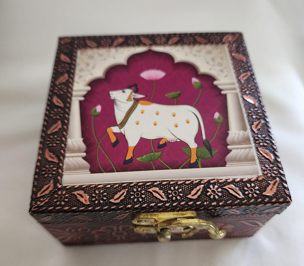 Printed Jewelry Box: Brocade Fabric, Leather - Ring, Earring, Necklace Storage Box