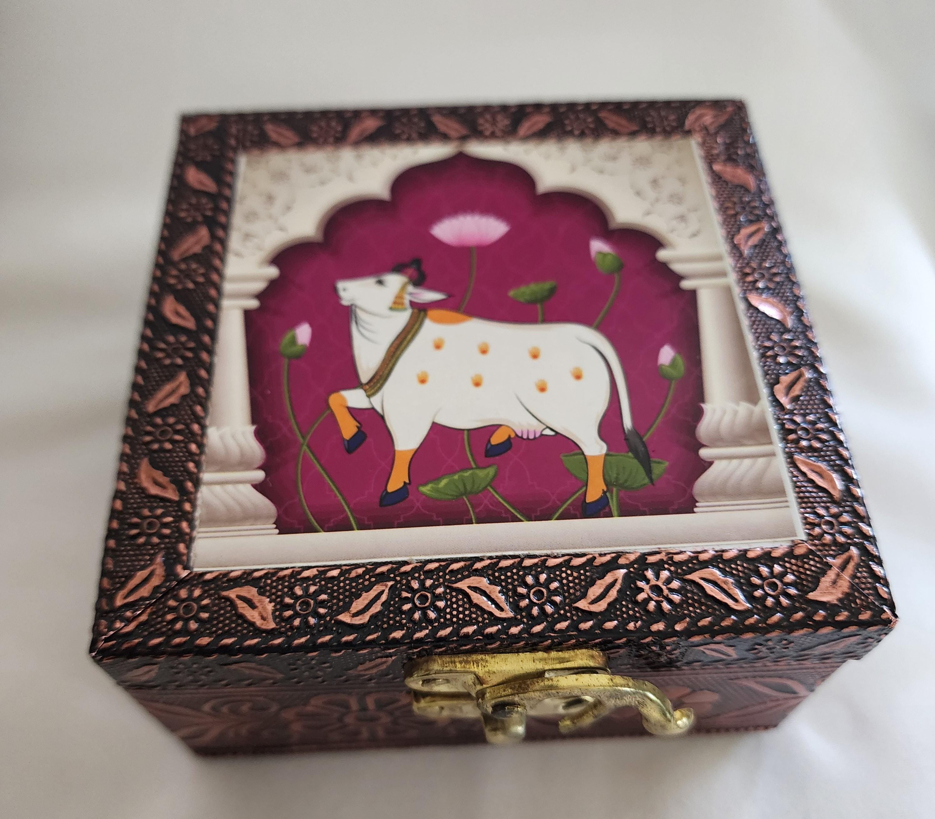Printed Jewelry Box: Brocade Fabric, Leather - Ring, Earring, Necklace Storage Box