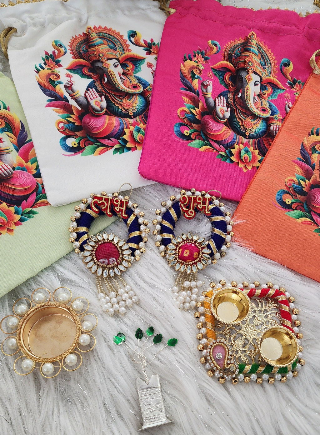 Diwali Potli Bag Set: Pooja Favors, Housewarming Gifts (5 Pcs)