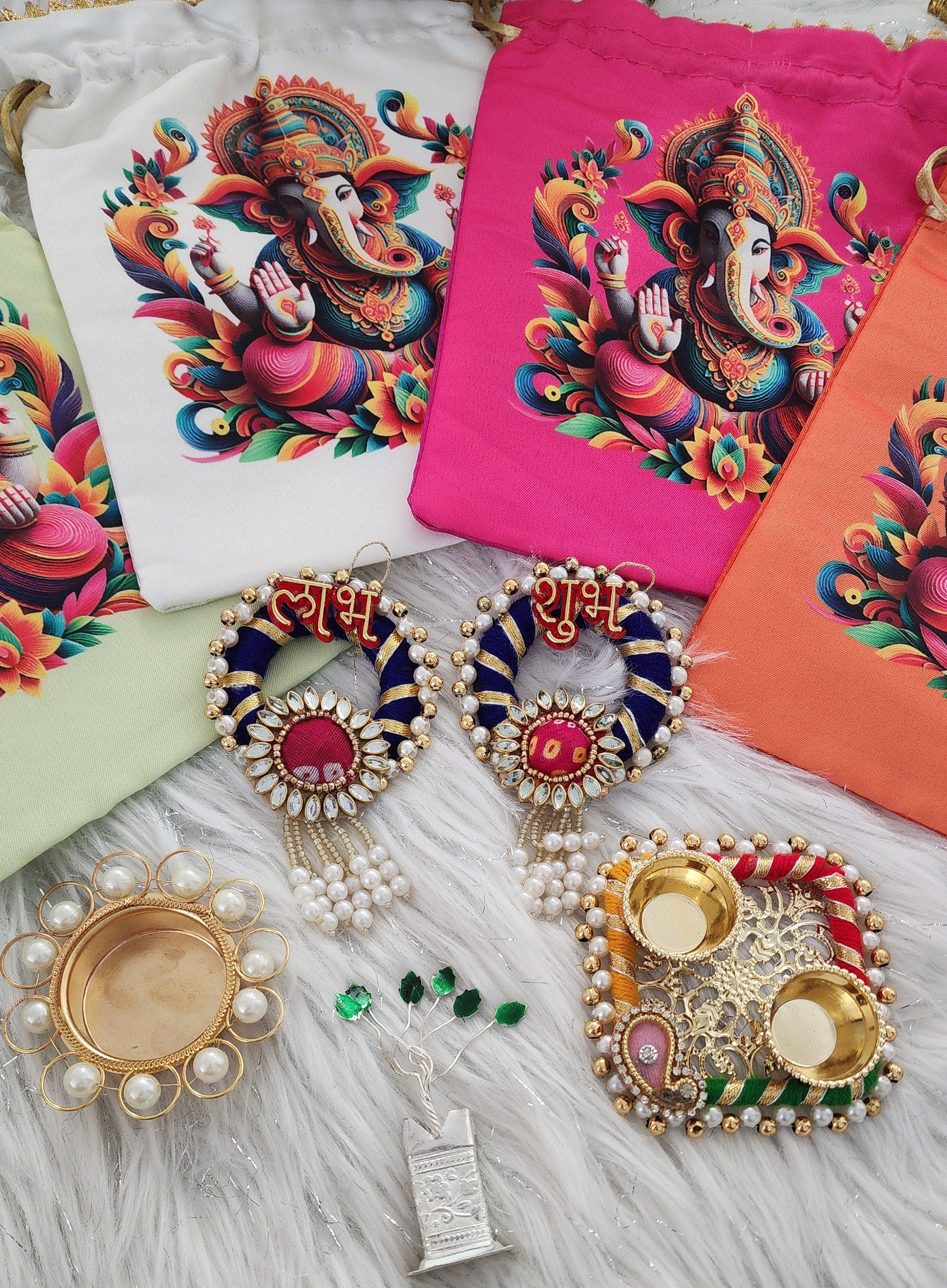 Diwali Potli Bag Set: Pooja Favors, Housewarming Gifts (5 Pcs)