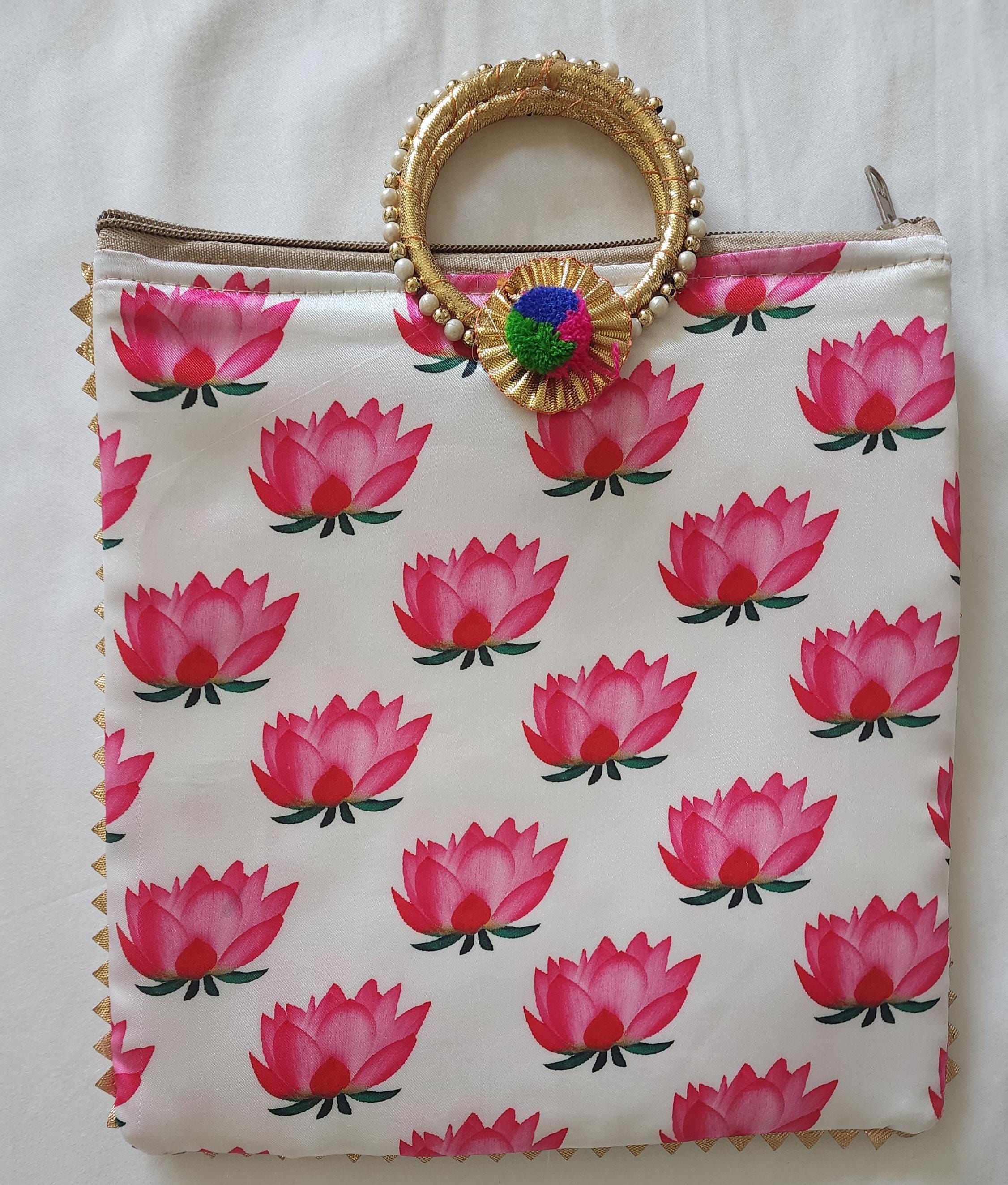 Pichwai Lotus Flower Silk Potli Bag: Multicolor Indian Gift