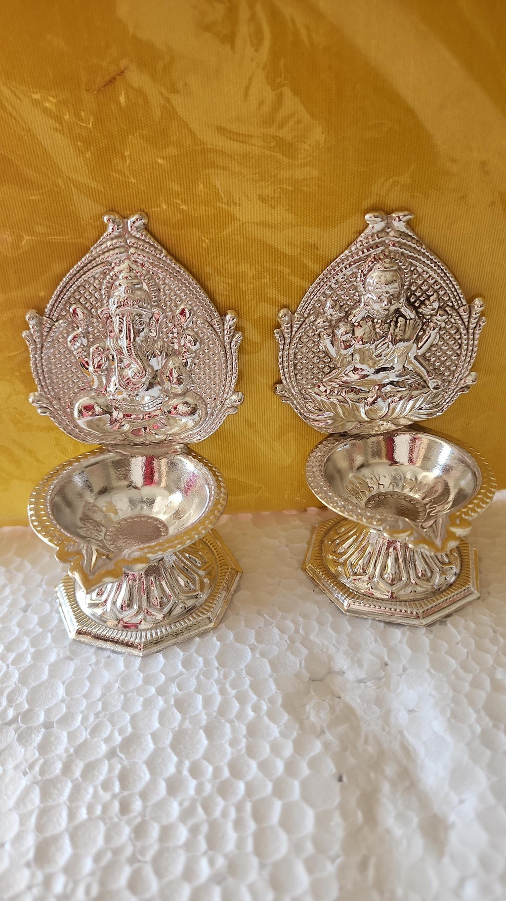 Handmade German Silver Ganesha Lakshmi Diya Set - 4" Diwali Deepam Lamp.