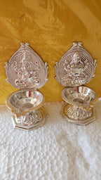 Handmade German Silver Ganesha Lakshmi Diya Set - 4" Diwali Deepam Lamp.
